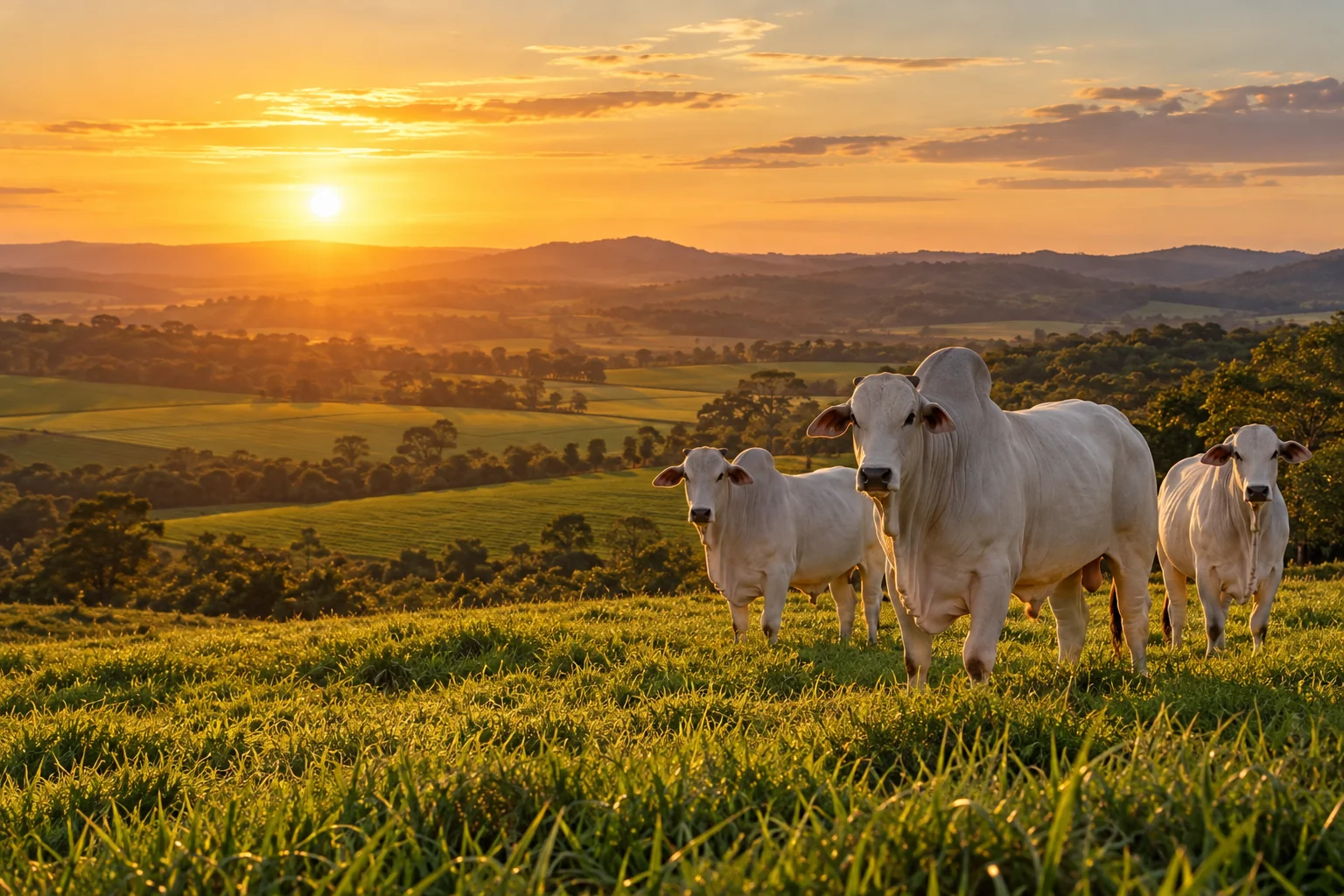 Gado Nelore em uma paisagem de pastagens verdes ao pôr do sol